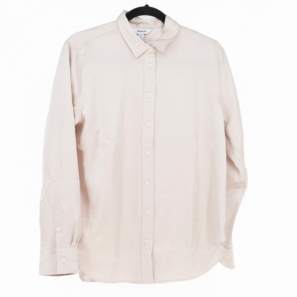 NEW Spanx Better Than Silk Button Down Collar Long Sleeve Blouse Shirt Top Birch